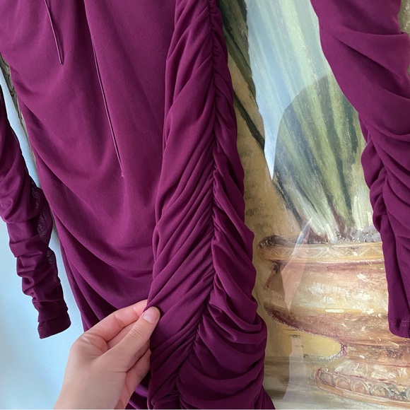 Oh Polly Mini Dress Womens Purple Wine Lace Up Ruched Long Sleeve Bodycon Size 4 - Picture 11 of 13